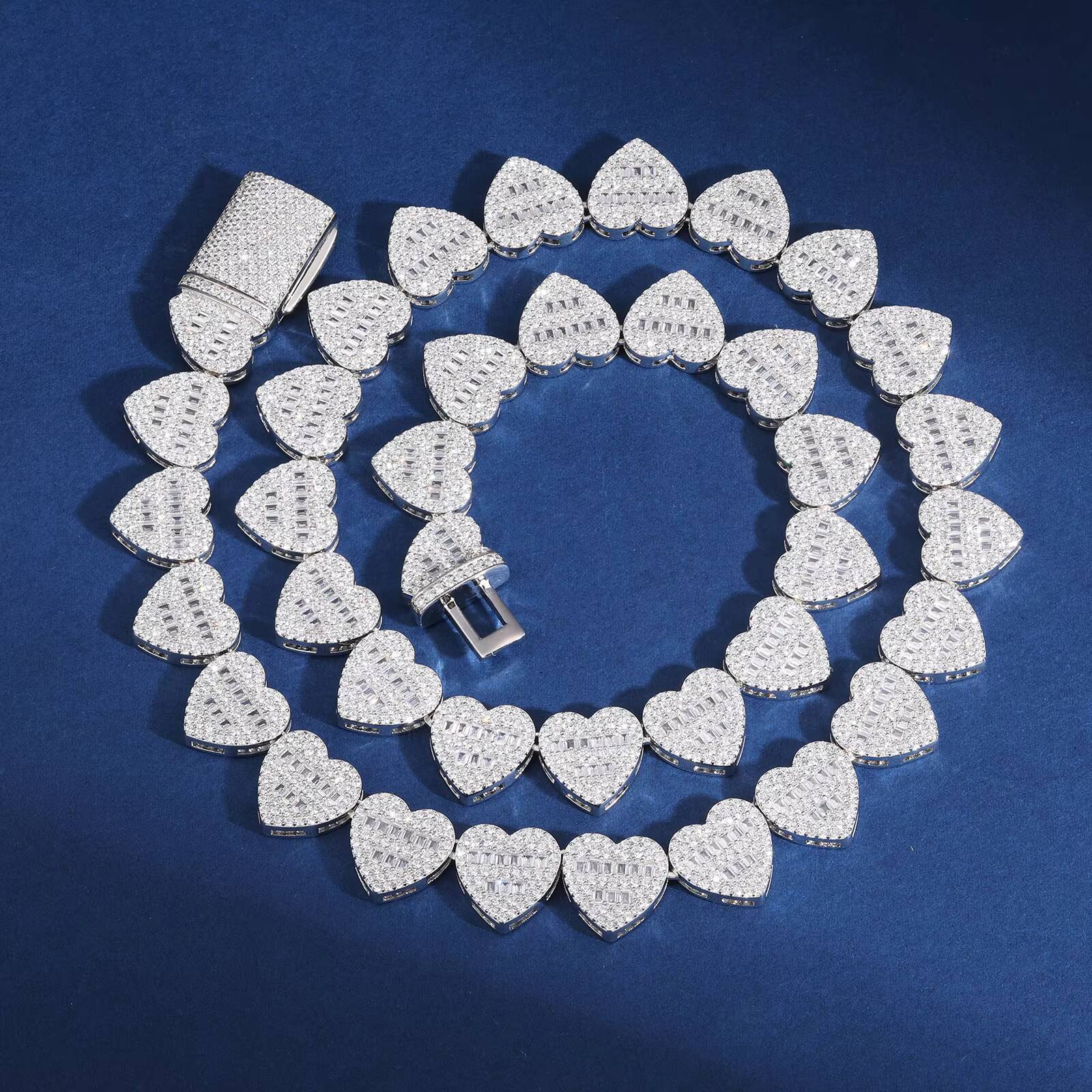 Hip Hop Jewelry High Quality 13mm 925 Sterling Silver VVS Moissanite Diamond Iced Out Buguette Heart Tennis Chain Necklace