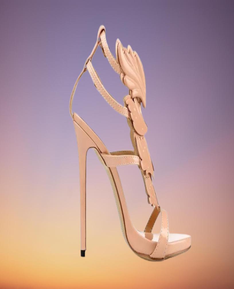 Golden Metal Wings Leaf Strappy Dress Sandal Gold High Heels Shoes Women Metallic Winged Sandals6898321