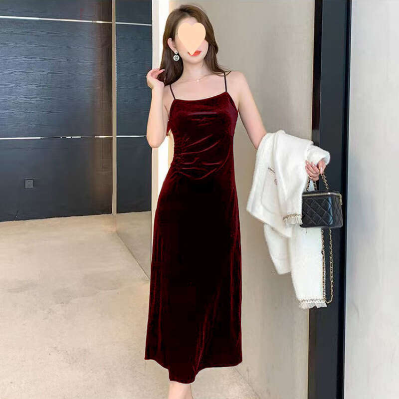 New Velvet for Women, Autumn and Winter, Spaghetti Strap, Slit, Inner Layer, High-Value Mid-Length Little Black Dress