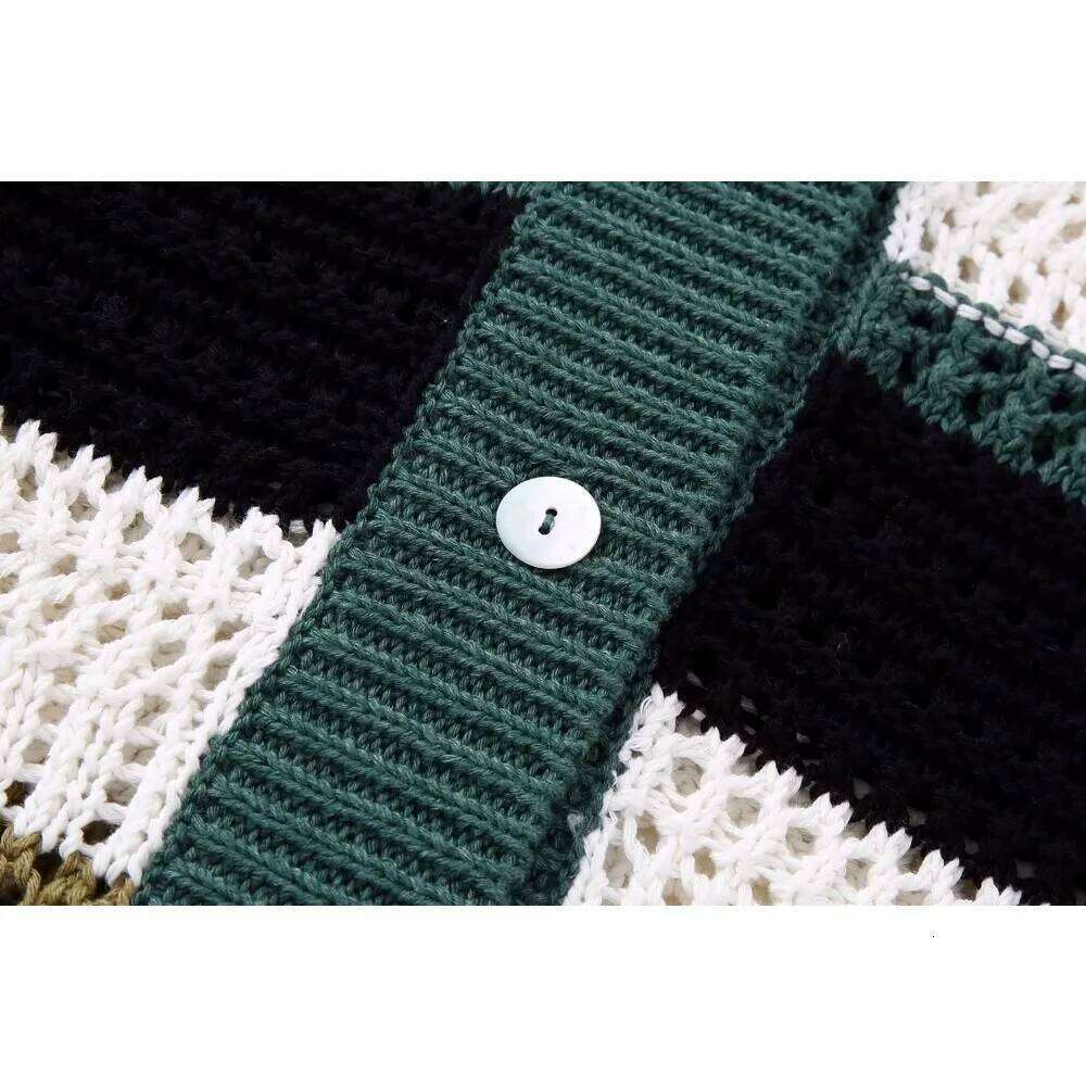 Designer Clothing 2025 Aoaiiys Striped Knitted Women's Short Sleeve Sweater Turn-Down Collar Fashion Single Breasted Elegant Summer Cardigans