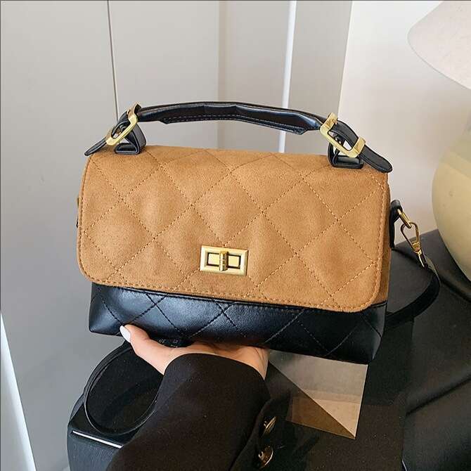 Lingge color blocked flip top handbag with faux leather velvet and PU leather feel, single shoulder crossbody bag, fashionable and versatile commuting