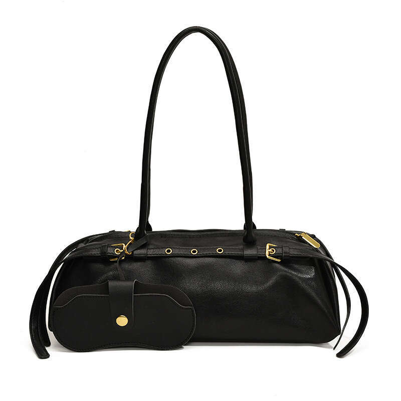 Brown leather hand-held cylindrical bag with metal decoration, single shoulder crossbody bag, fashionable and versatile, women's commuting bag