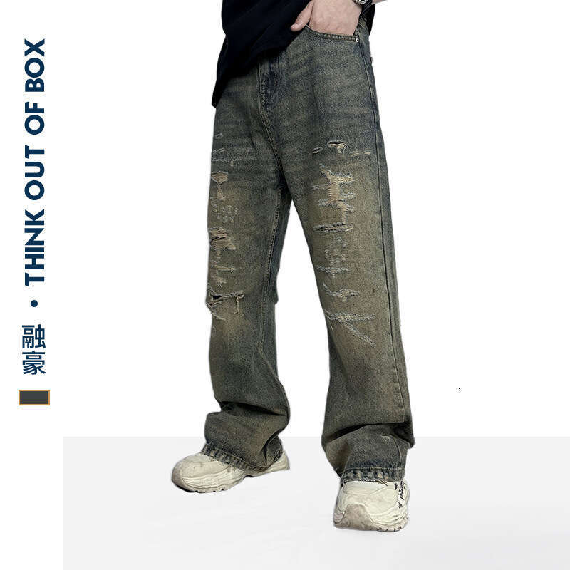 Stain-Dyed Personality Ripped Jeans American Vintage Washed Design Summer Trendy Unisex Wide-Leg Pants B5
