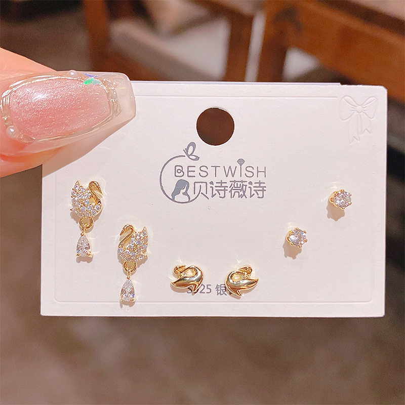 Free Shipping Designer Luxury Jewelry Silver Needle Thick Gold Plated Exquisite Zircon Small Earrings 6-piece Set Three Pairs High-end Fashion Earring