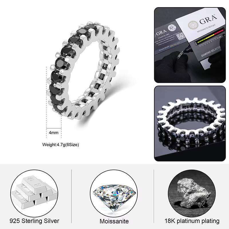 Punk Rock Style 925 Sterling Silver Ring 4mm Black Moissanite Factory Wholesale Lab Diamond Jewelry Ring for Men
