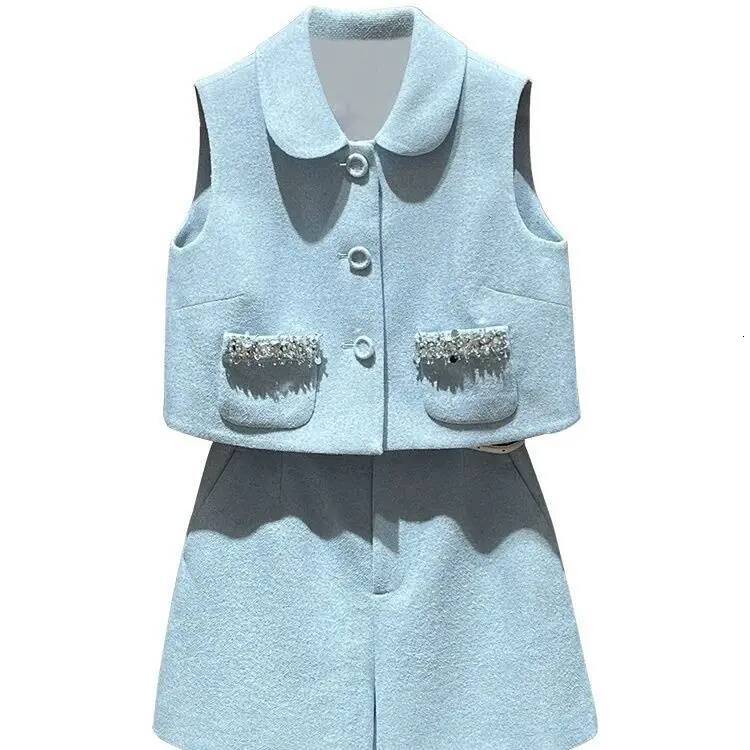 Elegant Chic Tweed Set Women 2025 Spring Doll Collar Vest Top High Waist Shorts Two Piece Outfit for A Luxe Look Trendy dongdumaoyi