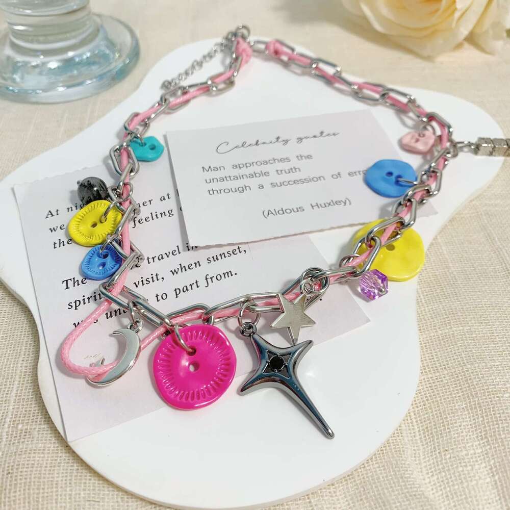 Dopamine Colorful Button Leather Necklace Niche Design Light Collarbone Versatile Neck Chain Student Best Friend Accessory 271