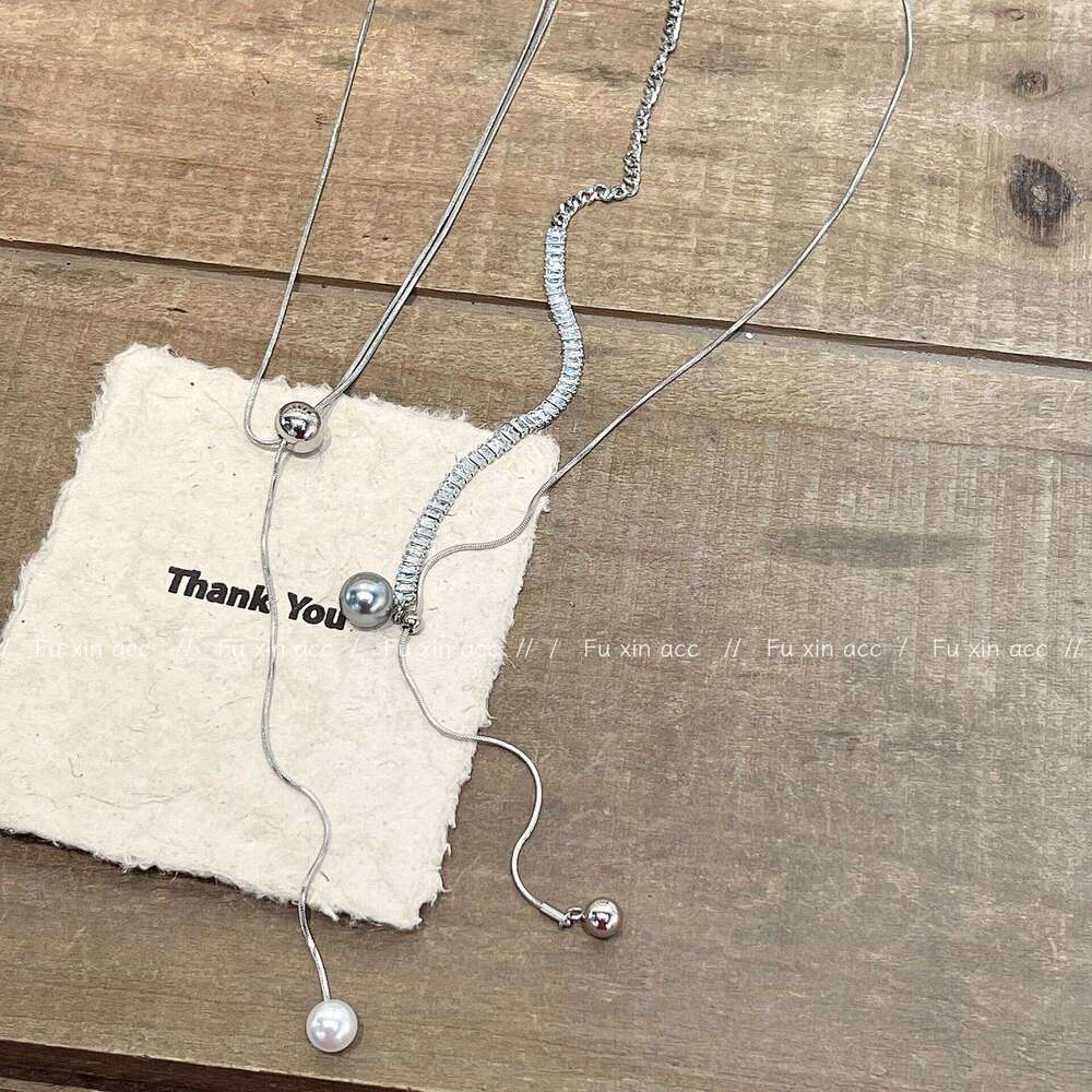 FX New Stainless Steel Round Bead Pendant Tassel Necklace Niche Couple Style Zircon Clavicle Chain Light High-end Choker 986