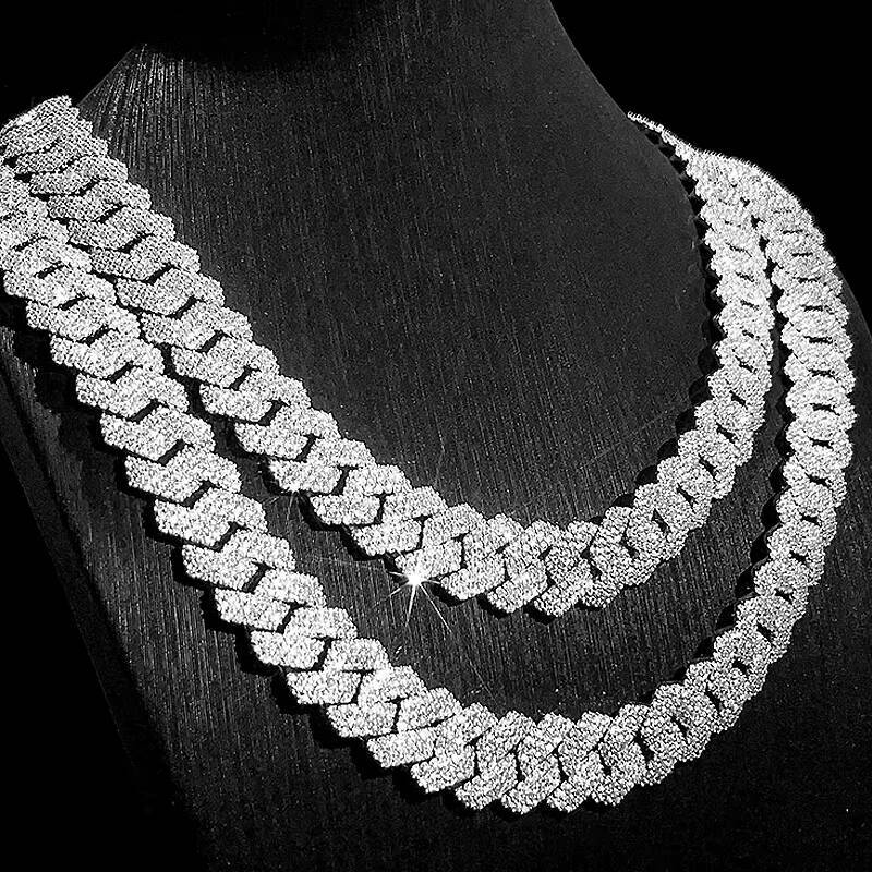 Wholesale Hip Hop Jewelry 3 Rows VVS Diamond S925 Sterling Silver Miami Cuban Chain Iced Out 15MM Moissanite Cuban Link Chain
