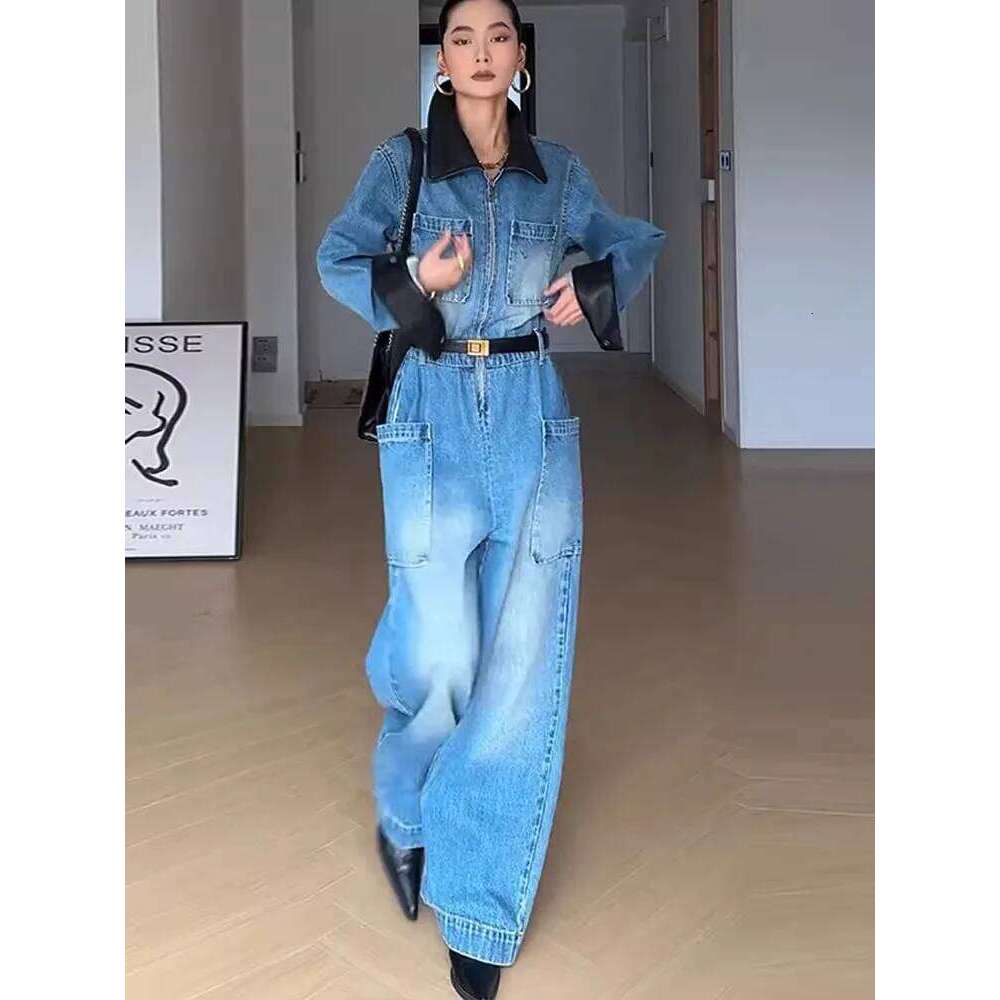 Retro Polo Collar Workwear Denim Jumpsuit Women's Spring And Autumn Color Blocked High Waisted Wide Leg Pants 250728