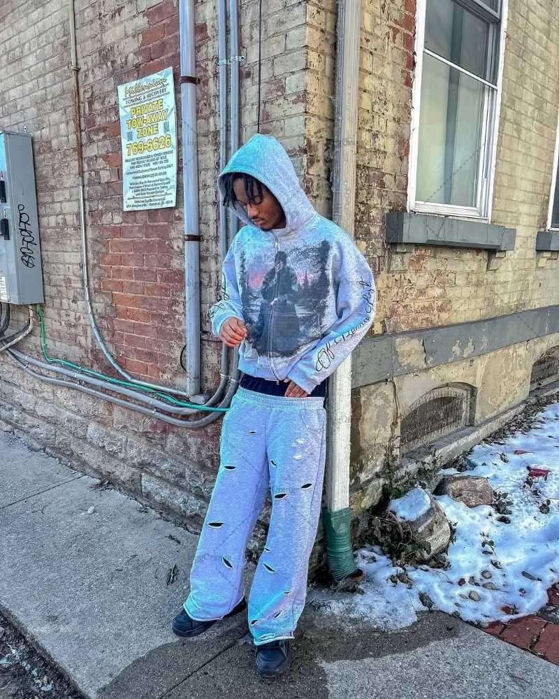 2025 High Street American Retro Streetwear Men Gothic Harajuku Letter Printed Zipper Hoodie Trendy Punk Y2K Oversized Sweatshirt XJ250731