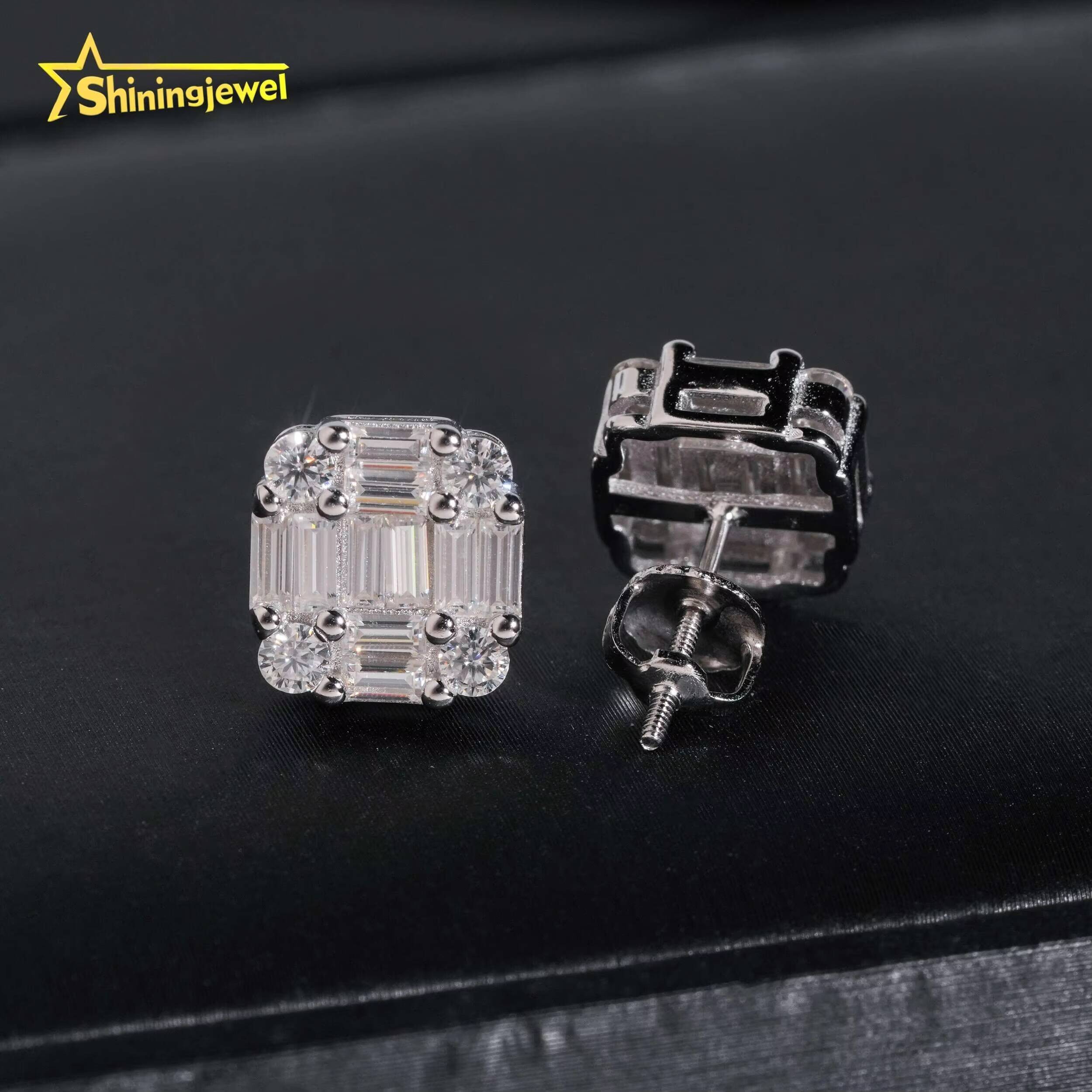 New Arrival Hip Hop Design Baguette Diamond 925 Sterling Silver VVS Iced Out Moissanite Stud Earrings for Men