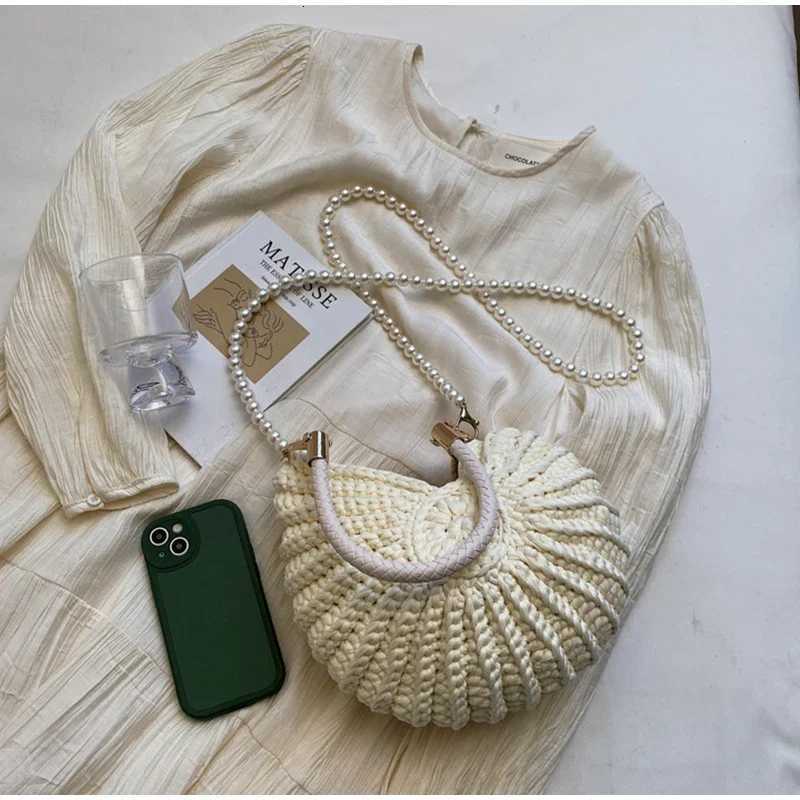 Conch Shell Knit Crochet Crossbody Shoulder BagPearl Chain Handmade Woven Women Sling BagElegant Delicate Cute Compact Purse Y250730