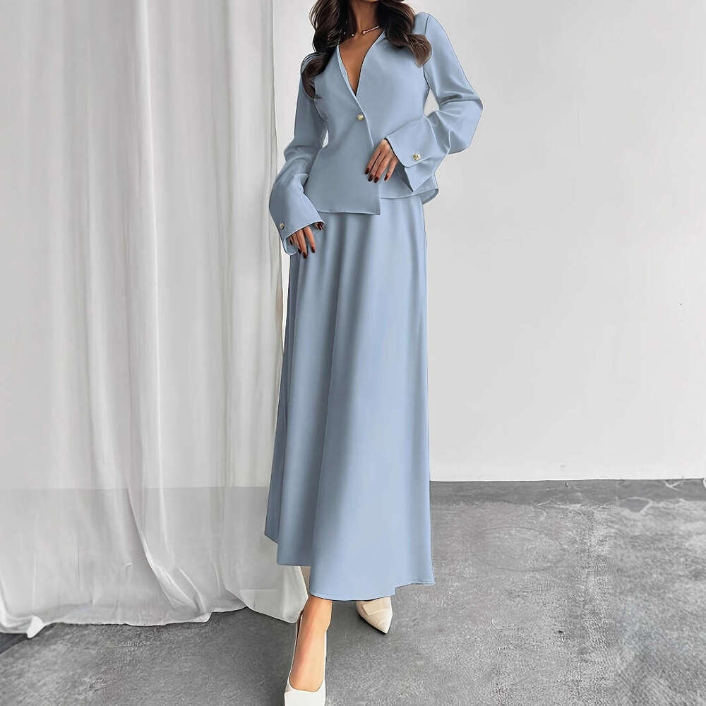 Autumn Women's Fashion Set One Button Solid Color Elegant Blazer V-Neck Half Skirt Outfit