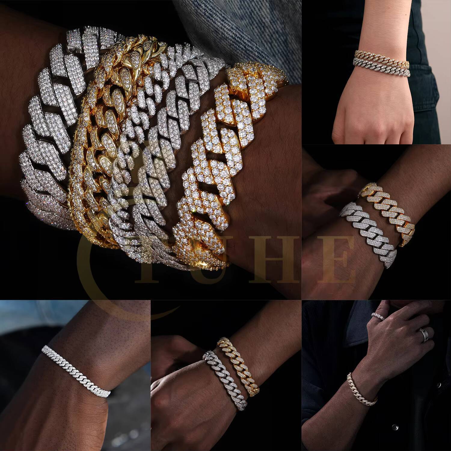 Mossanite Hip Hop Jewelry 6mm-25mm Pass Diamond Tester 925 Sterling Silver VVS Moissanite Iced Out Cuban Link Bracelet for Mens