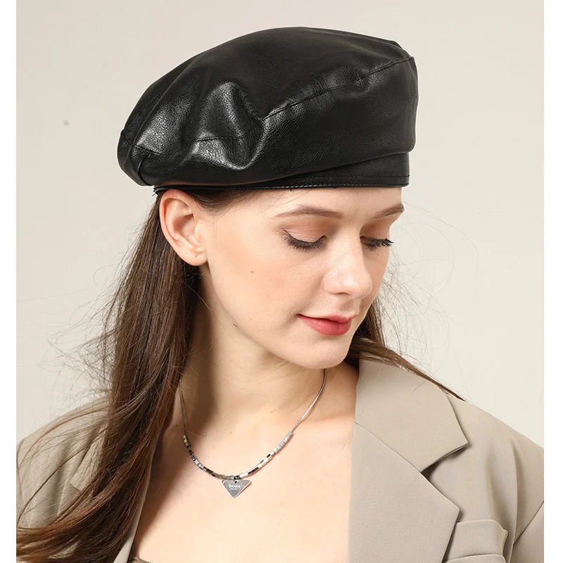 PU Leather Beret Caps Fashion Men Women Beret Hat Unisex Beanies 250730