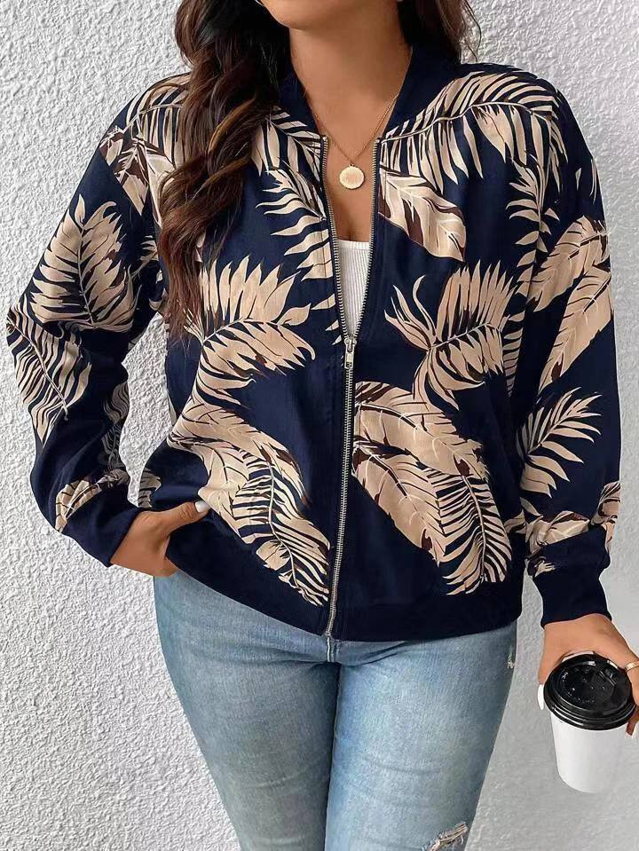 Plus Size Womens Fashion Temperament Printed Zip Jacket Large Baseball Collar Women Clothing 250731