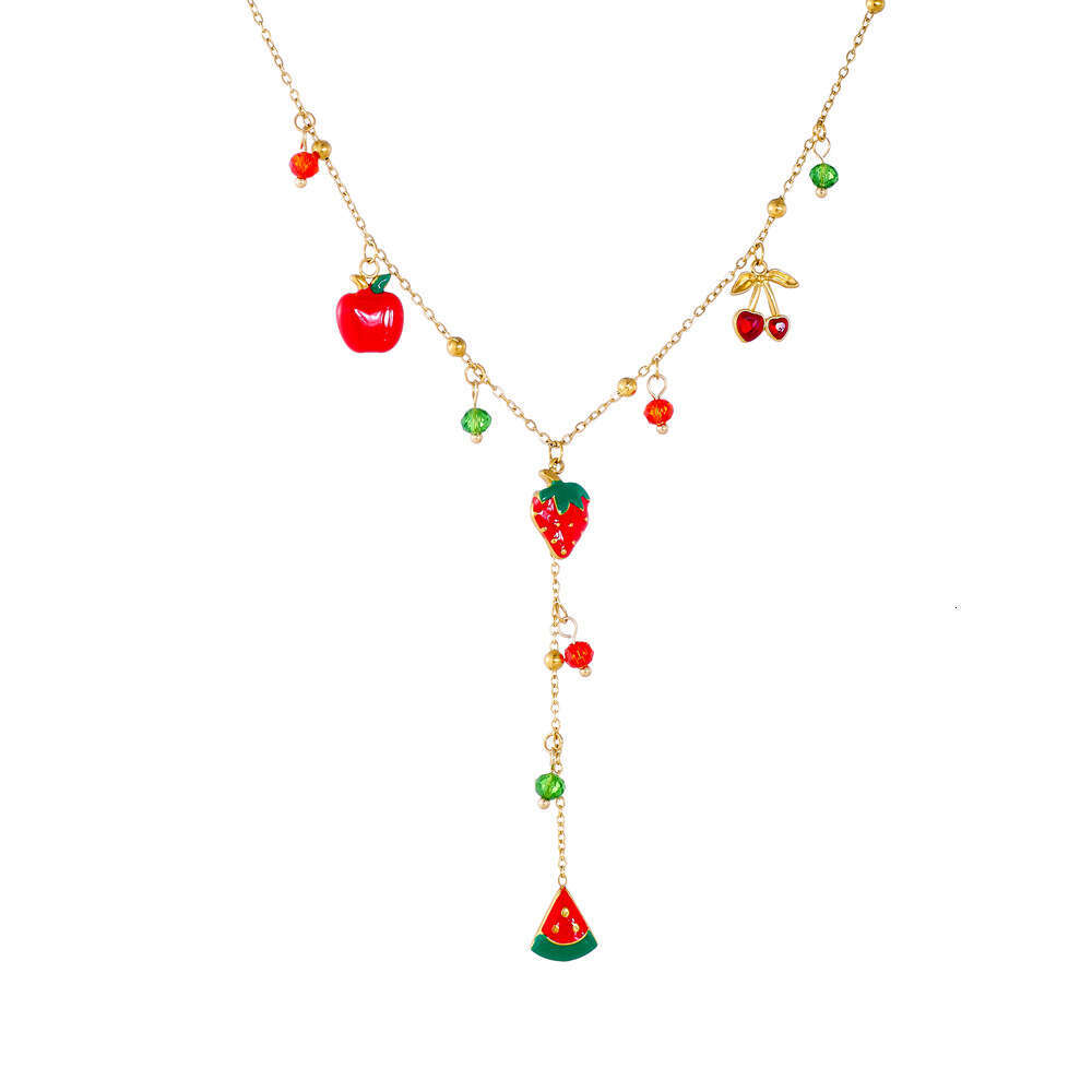Fashion Niche Design Pastoral Style Fruit Series Oil Drop Imitation Strawberry Watermelon Pendant Stainless Steel Necklace