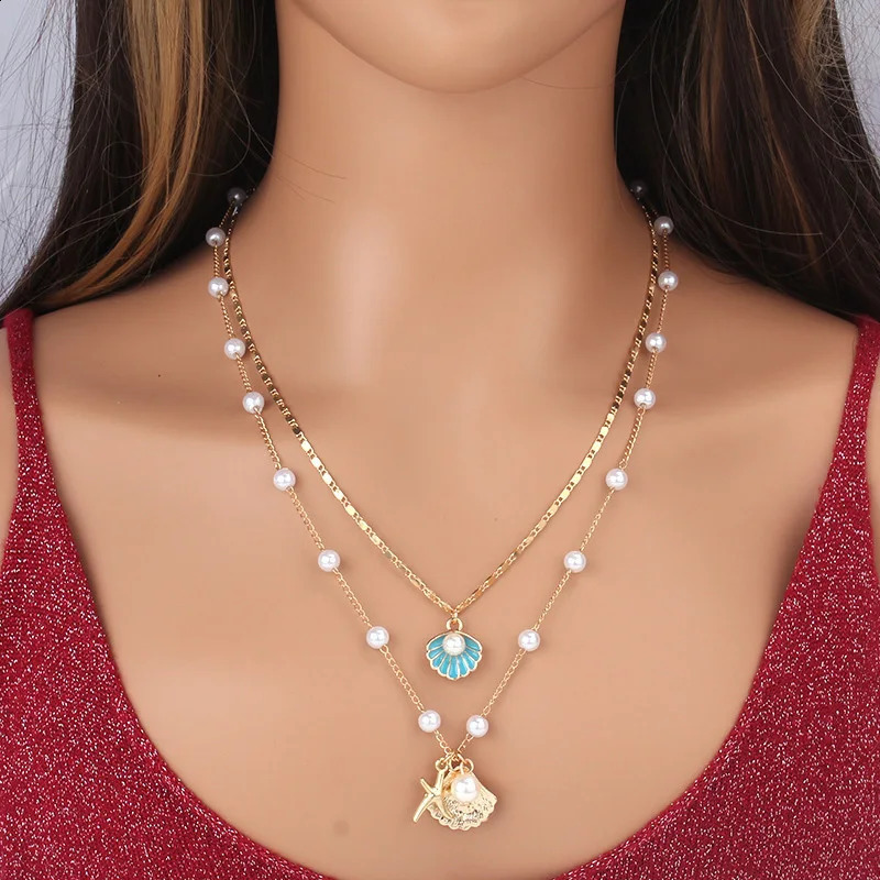 2 Pcs Gold Plated Starfish Shell Pendant Necklace Summer Pearl Necklaces For Women Girls Ocean Beach Jewelry 250716
