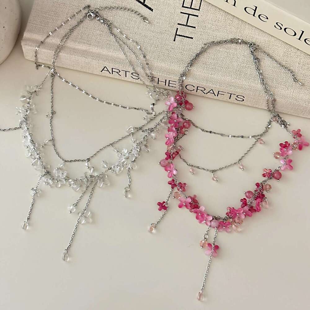 Palace Pink Transparent Tassel Beaded Multi-layer Stacking Necklace for Women Light Design Fashionable Personality Collarbone Chain f6b