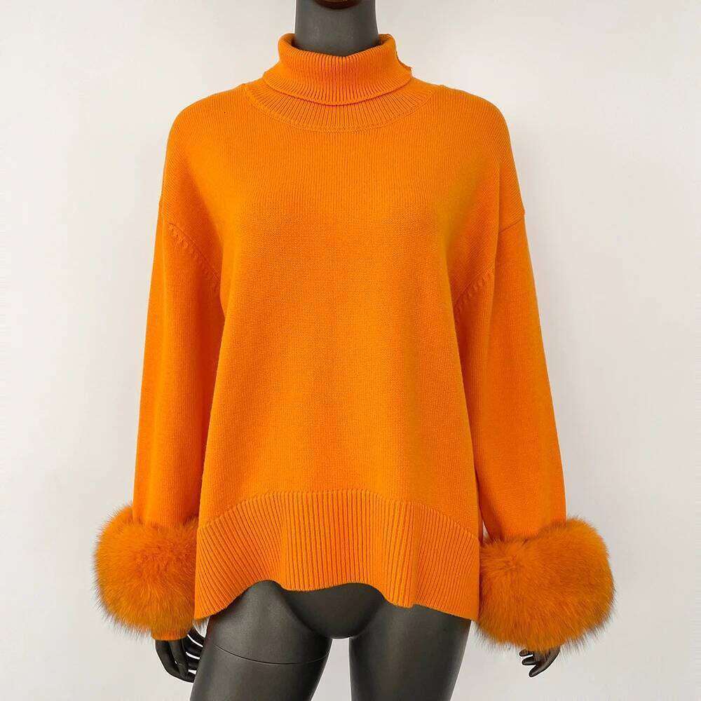 Designer Clothing FURYOURSELF 2025 Women Wool Pullovers Oversized Real Fox Fur Cuffs Sweater Elegant Office Lady Clothing Loose Turtleneck Jumper Fash
