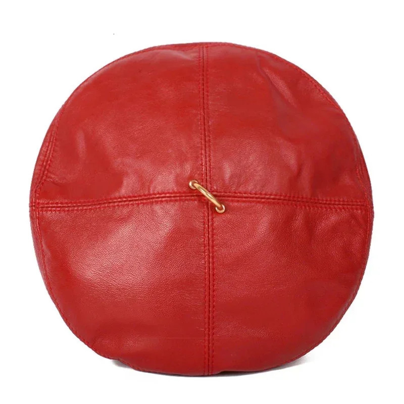 Spring 100% Real Leather Beret Hat Women Fashion European Pumpkin Painter Caps Female Rainbow Color White/Red 250730