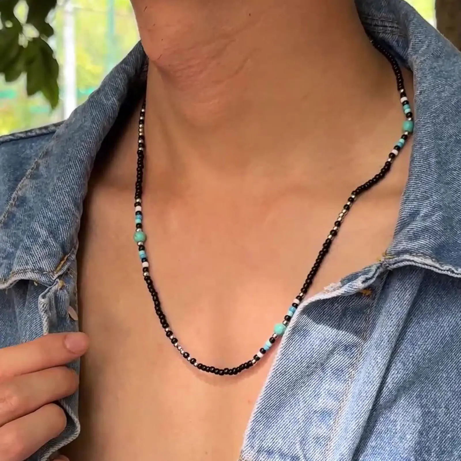 Synthetic Turquoise Necklaces for Men BoysMini Black Beaded NecklacesSummer Beach Male Jewelry 250716