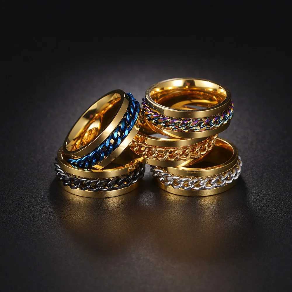 Stainless Steel Chain Spinner Finger Ring for Men Rotating Anxiety Fidget Rings Blue Gold Color Black Punk Rock Jewelry y250730