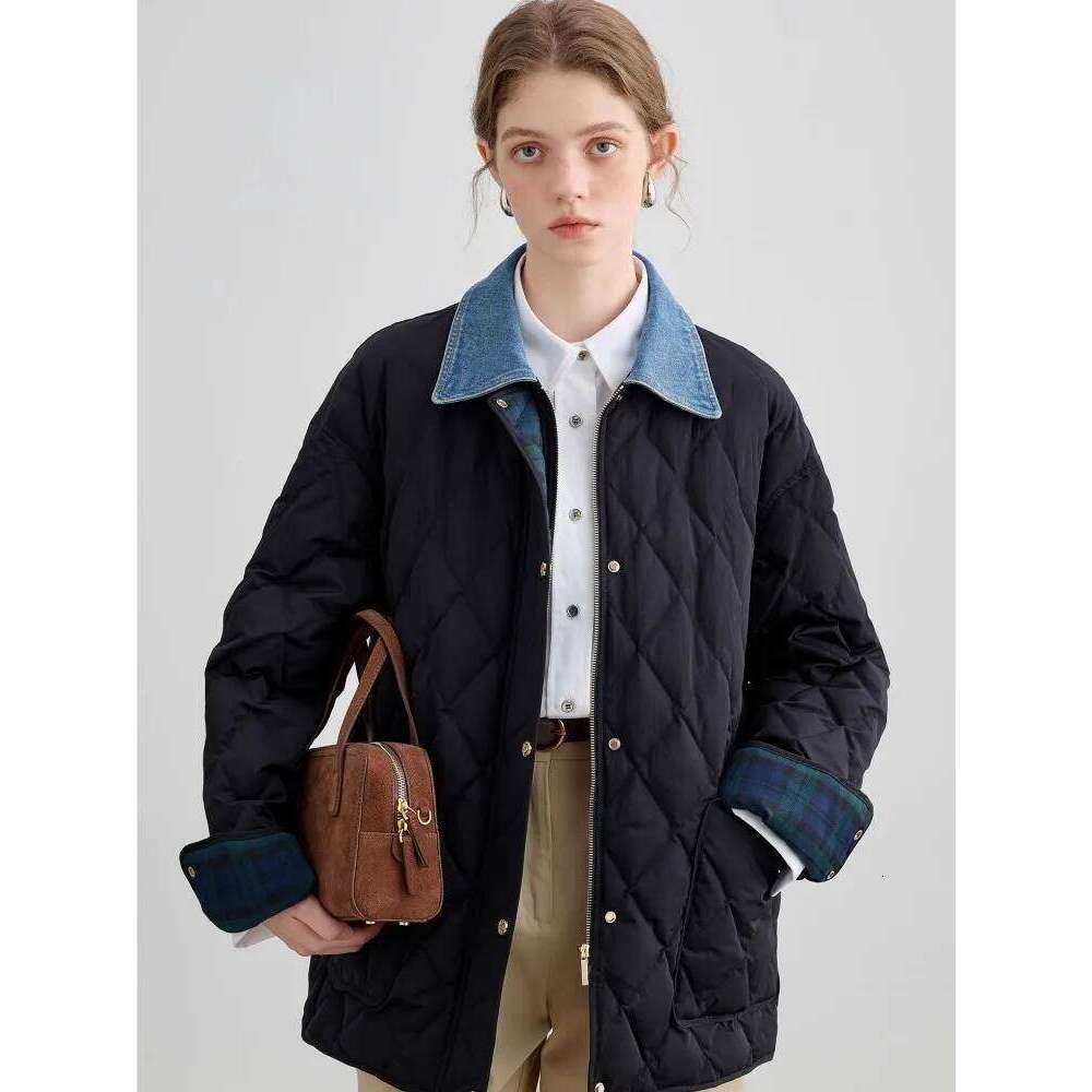 Cowboy Dia Grid For Women's Autumn Winter New Style, High-End And Fake Two-Piece Splicing Cotton Jacket 250728