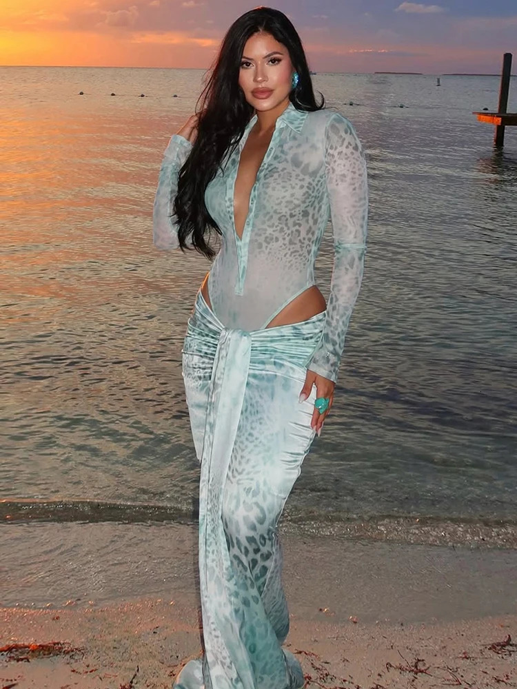 Sisterlinda Aesthetic Print 2 Piece Trend Attractive Full Sleeve Lapel Vneck BodysuitsRuched Maxi Skirts Mujer Vacation Sets 250730