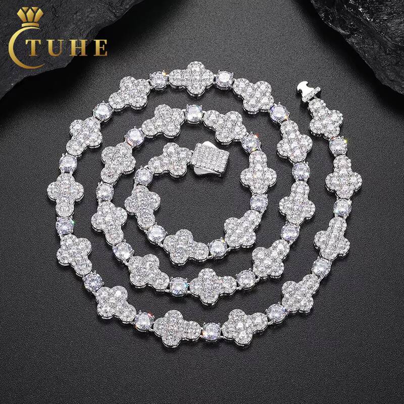 Iced Out Cross Design 10mm Vvs Moissanite White Gold Plated 925 Silver Tennis Chain Necklace Rapper Hip Hop Jewelry