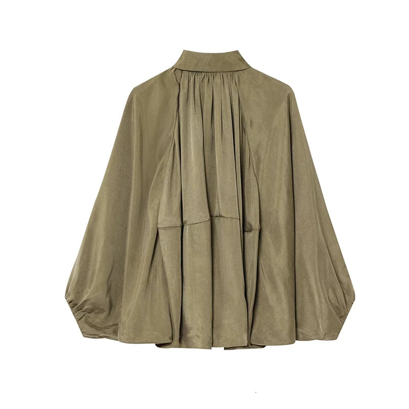 YENKYE Elegant Pleated Green Oversize Bomber Jacket Women Batwing Sleeve Lapel Collar Spring Coat Street Lady Top w250729