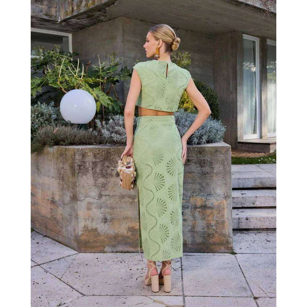 new TRAF women's elegant and gentle hollow embroidery round neck jacket & high waist slit skirt fashion casual suit
