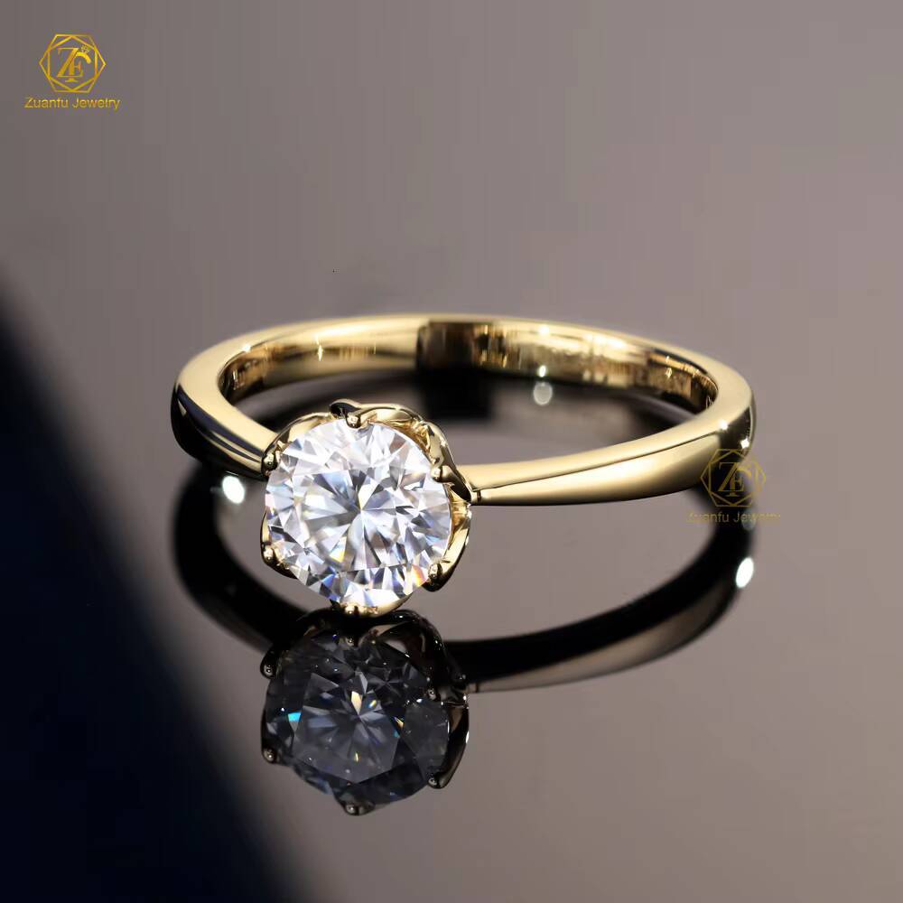 Beautiful 6.5mm 1CT Moissanite D VVS Diamond Ring Fashion Design in 14K 18K Yellow Gold Passes Diamond Tester