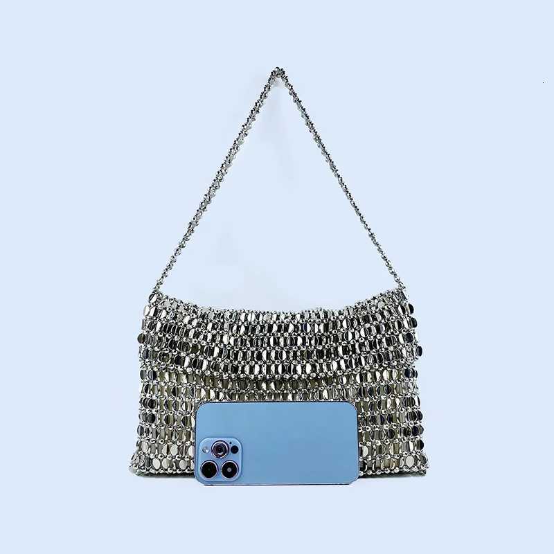 metal sequin siLVer bag for womens 2024 new bag hand woven feel handbag shoulder and underarm bag Y250730