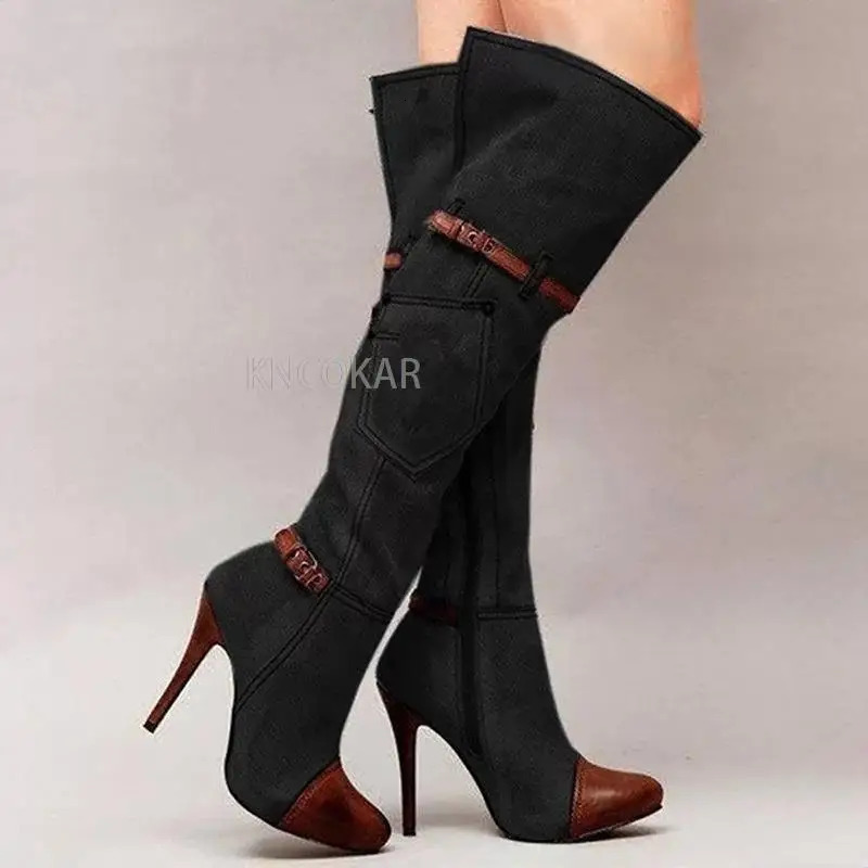 denim boots with high heels fashionable knee length womens boots autumn and winter denim high heels sexy buttons 250729