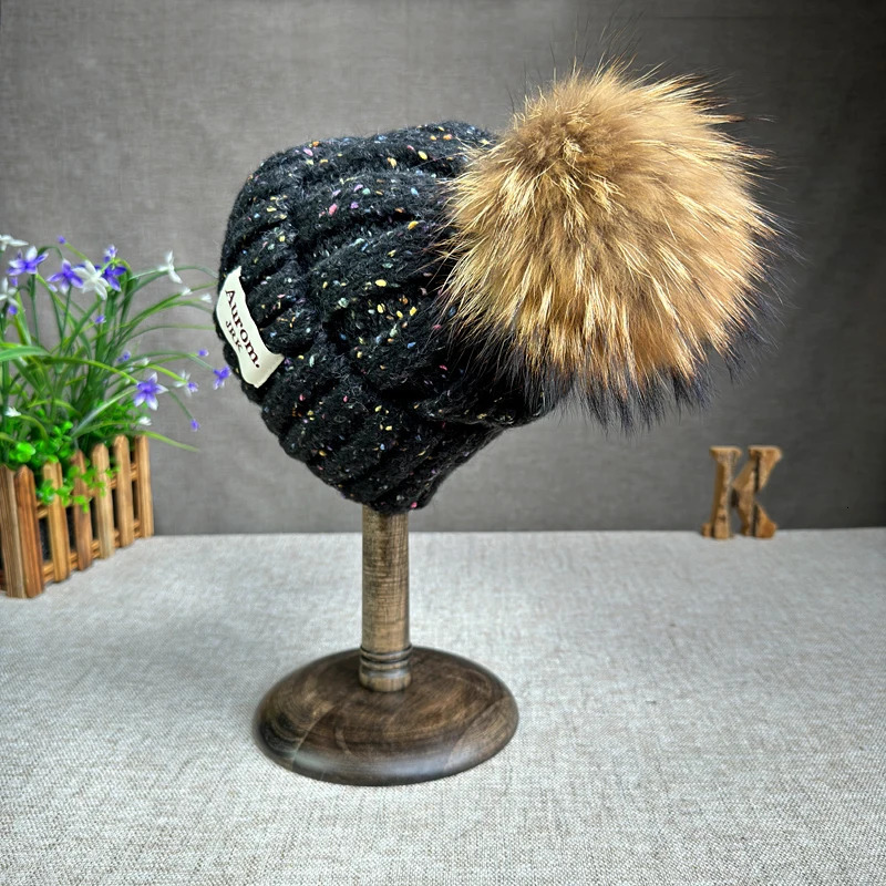 Fashion raccoon fur pompom hat for women High quality mix-Color Beanies Winter Hats for women Warm Female beanies 250730