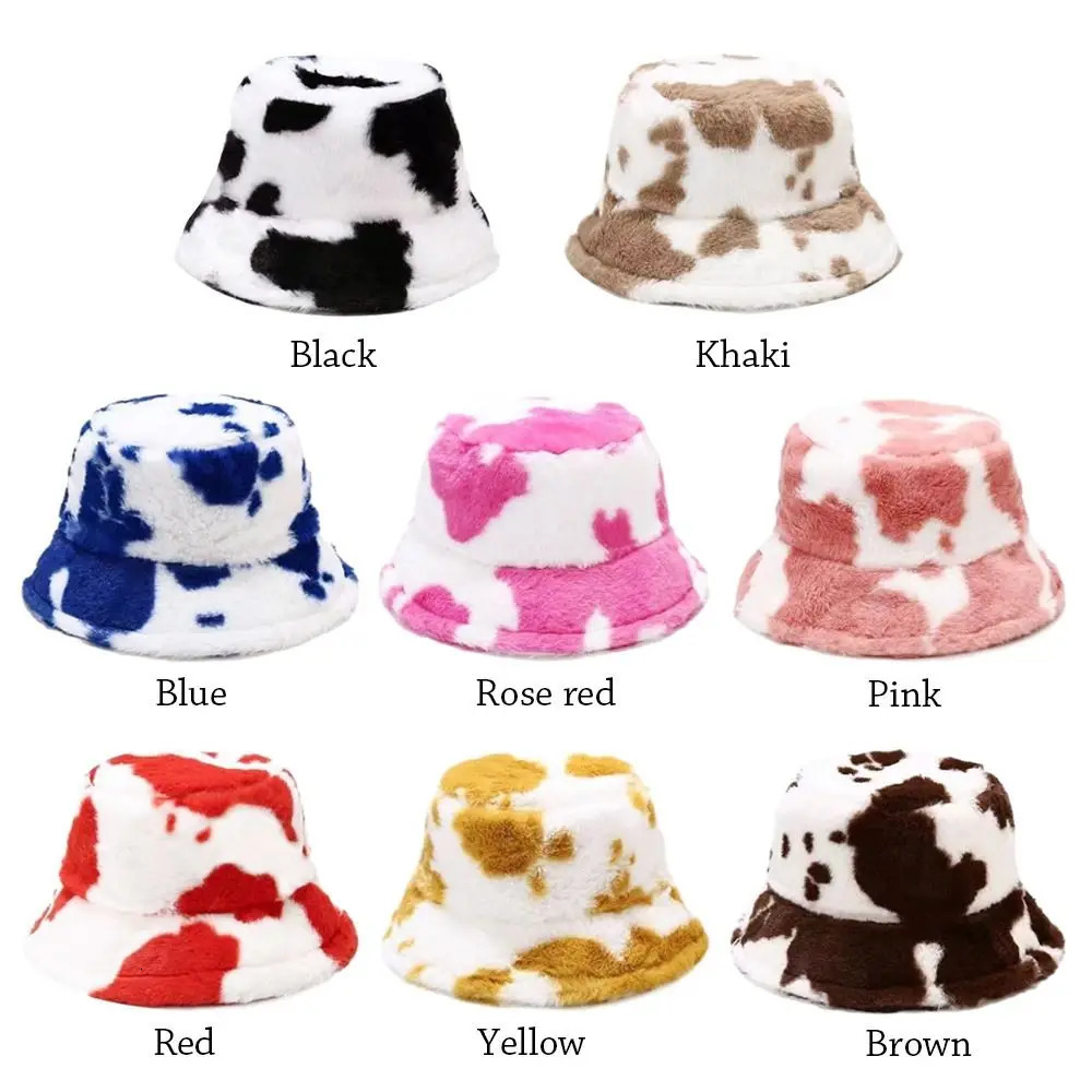 Winter Bucket Hat Womens Fashion Milk Cow Grain Panama Warm Hats Female Vintage Faux Fur Fisherman Beanie Hats For Women Casual 250724