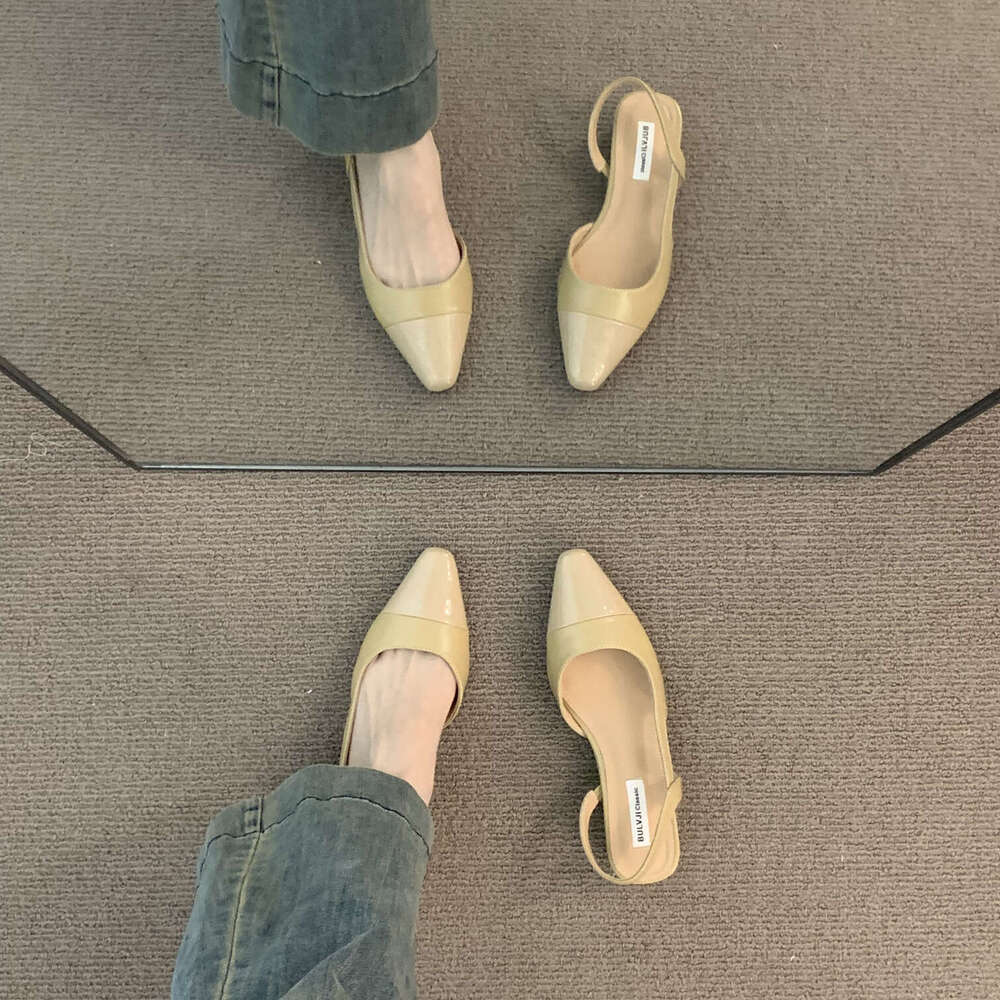 Pointed Toe Sandals Women, French Gentle designer shoes Evening Nude Color, Small Fragrance Style, Elegant Chunky Heel, Backless, Airy Single Shoes fo