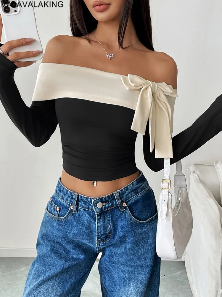 Sexy Spring Black Patchwork Crop Top Women Bow Tied Bandeau Tight Tshirt Lady Y2K Off Shoulder Long Sleeve Clud Tops 250730