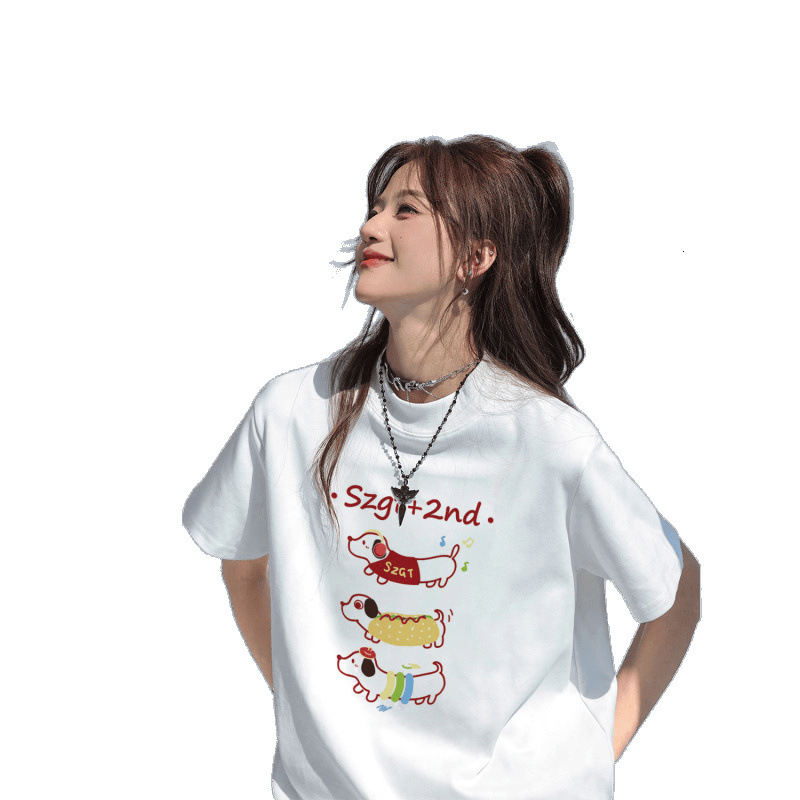 2025 Fashion White Short sleeved Women's T-shirt Loose Multi functional Cartoon Printed Short sleeved New Summer College Style Top New Designer T