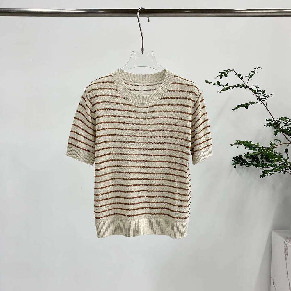 Designer Clothing 2025 Summer Striped Linen Cotton Blended Sweater Breathable And Comfortable Knitted T-Shirt Top For Women