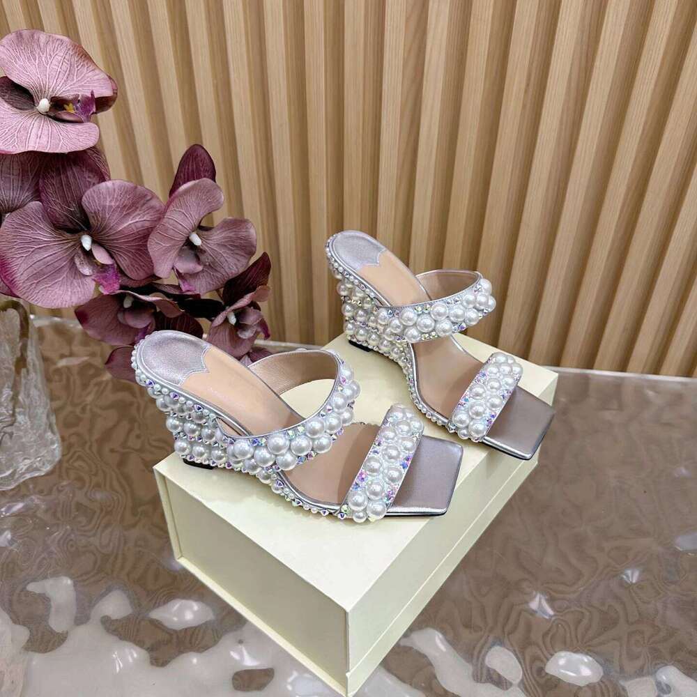 Women Size34-42 Genuine Leather Slippers Super High Heels Wedges Pearl Crystals Mules Designer Shoes Zapatillas De Mujer 475