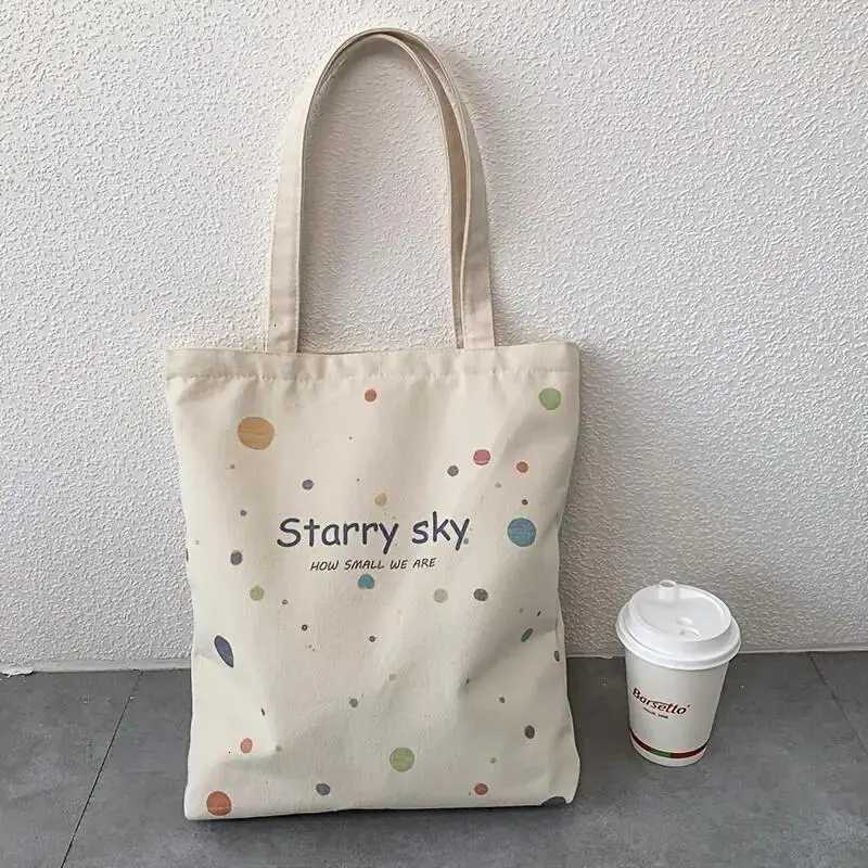 Starry Sky Pattern Canvas Bag Fashion Zipper Tote Bag Trendy Shoulder Bag for School Shopping G250729