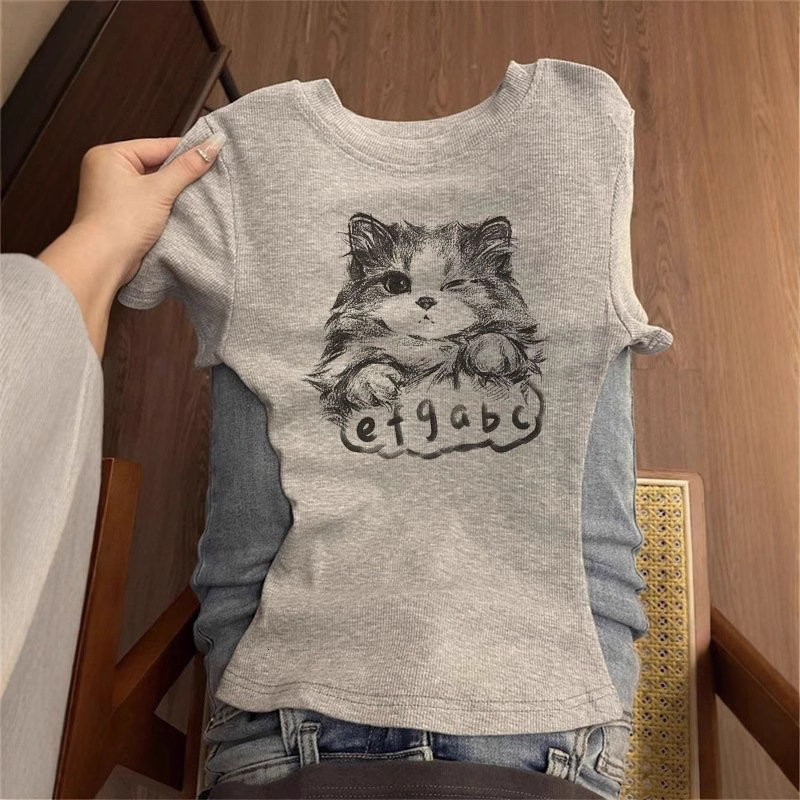 2025 summer new retro gray slim fit round neck shoulder slim fit basic shirt, spicy girl designer T-shirt, designer short sleeved women's T-shirt