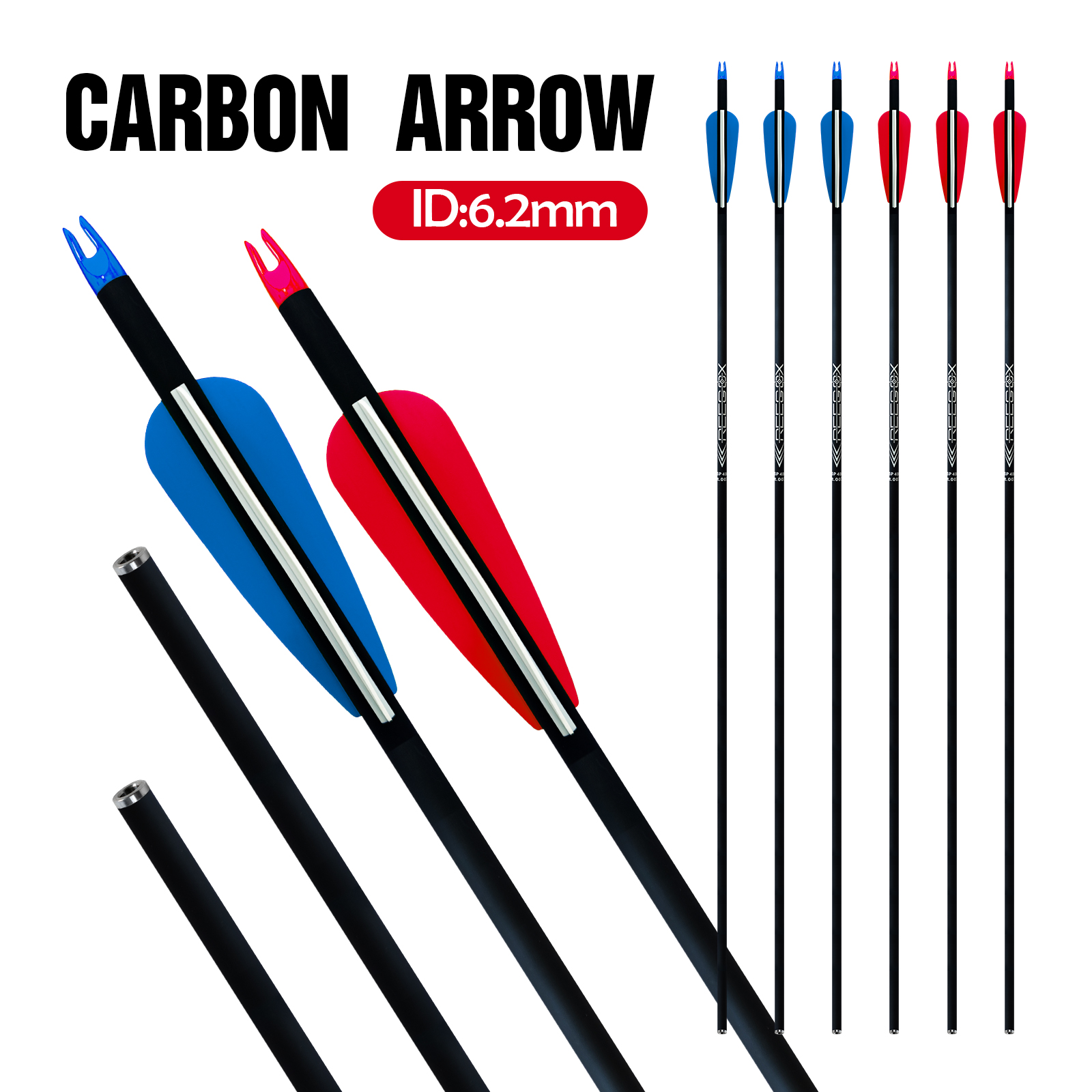 Hunting Arrows 30inch 6.2mm Carbon Arrows for Archery Targeting Arrows 6Pcs