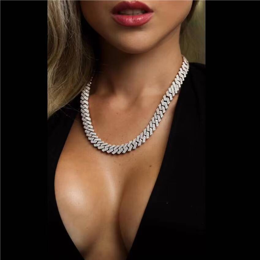 Rock Style Hip Hop Jewelry Mens 14mm 925 Sterling Silver 2 Rows VVS Moissanite Diamond Iced Out Cuban Link Chain Necklace