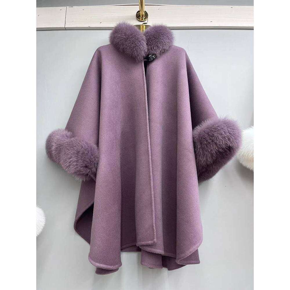 Designer Clothing Natural Real Winter Fox Fur Collar Long Cashmere Wool Woolen Women Jacket Outwear Ladies Female Coat Fashion