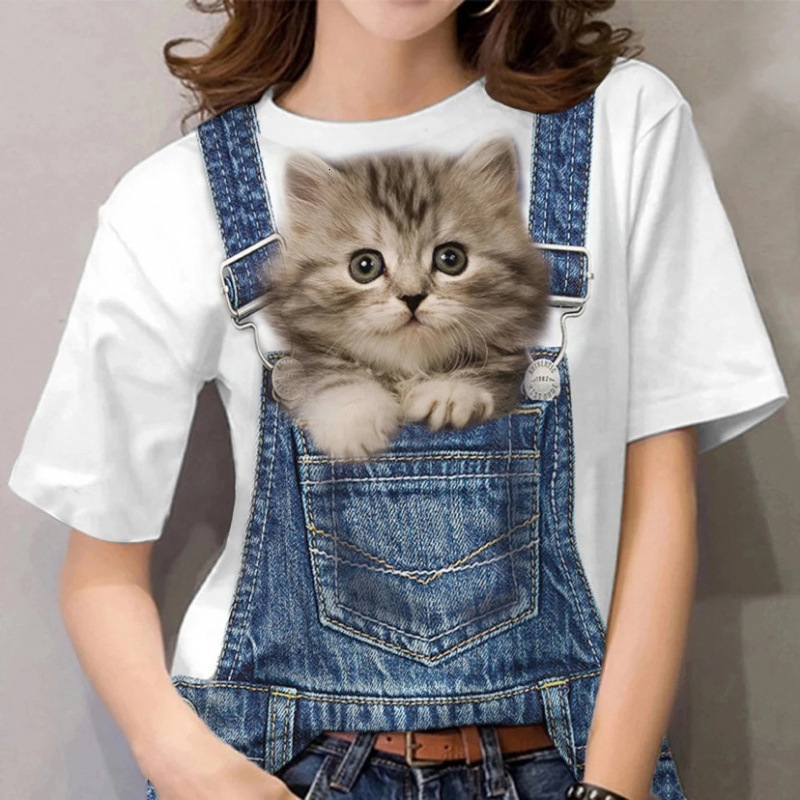 2025 Europe and America Hot selling Women's S Round Neck D Cartoon Cat Digital Printed Short Sleeve New T-shirt New Designer T-shirt
