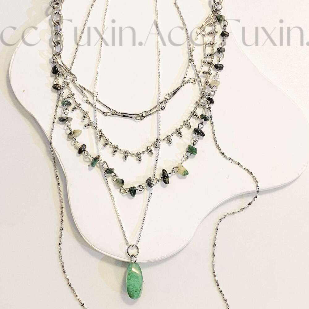 Fuxin New Multi-layer Tassel Turquoise Necklace Emerald Pendant Collarbone Chain Niche Design High-end Choker 53e
